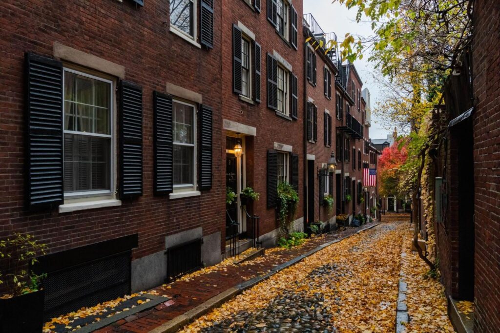 A street with brick buildings and leaves on the ground