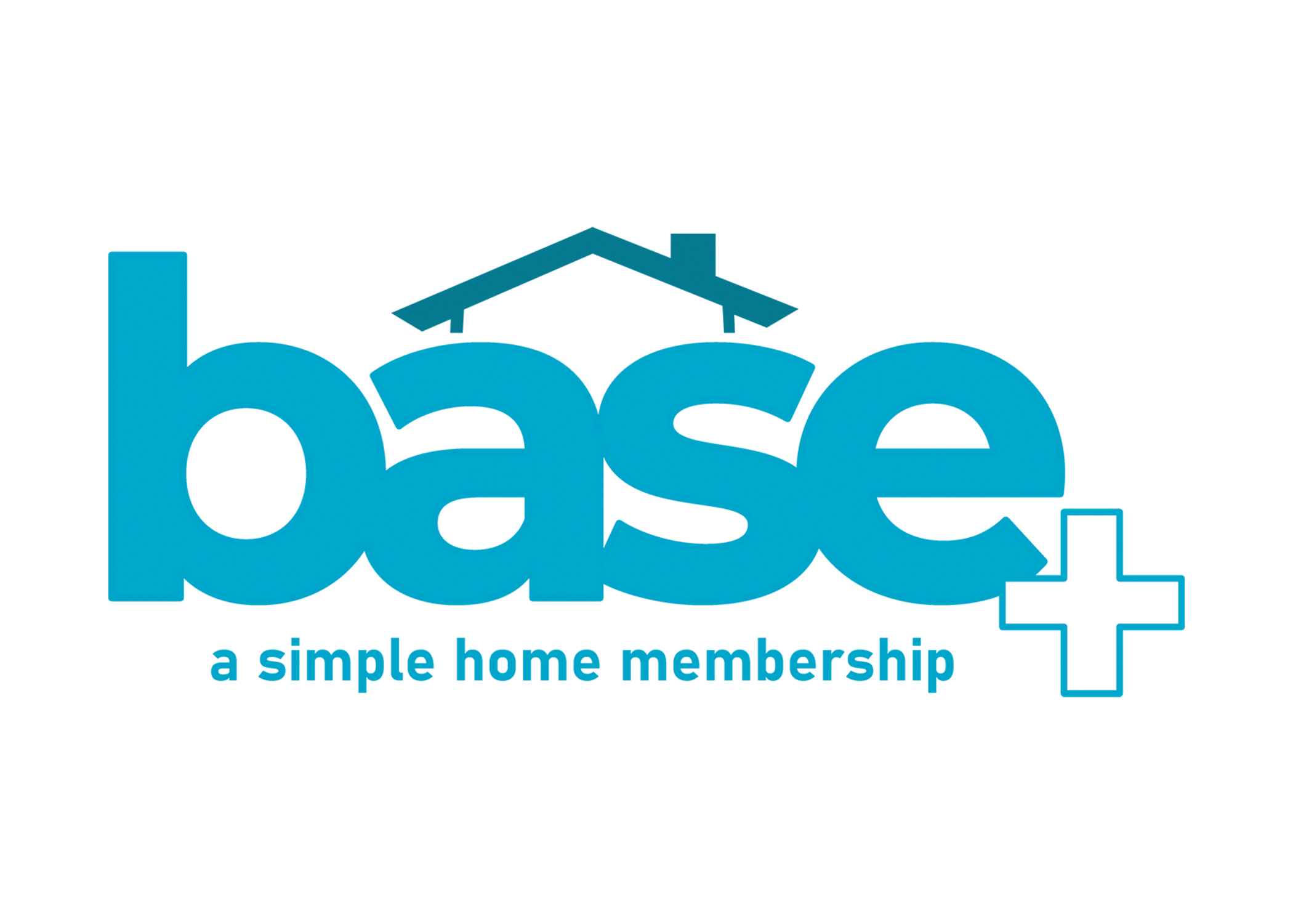 Blue "base+" logo with a roof shape above the text and the tagline "a simple home membership" underneath, all on a white background.