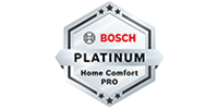 Hexagonal Bosch Platinum Home Comfort Pro badge in silver with black and red text, three stars at the top, and proudly awarded to 128 Plumbing Partners.
