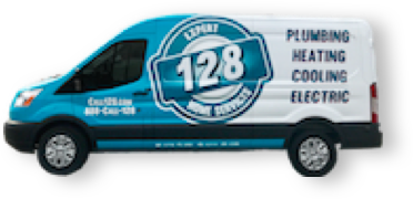 A blue and white service van with "128" logo and text: "Plumbing, Heating, Cooling, Electric" on the side.
