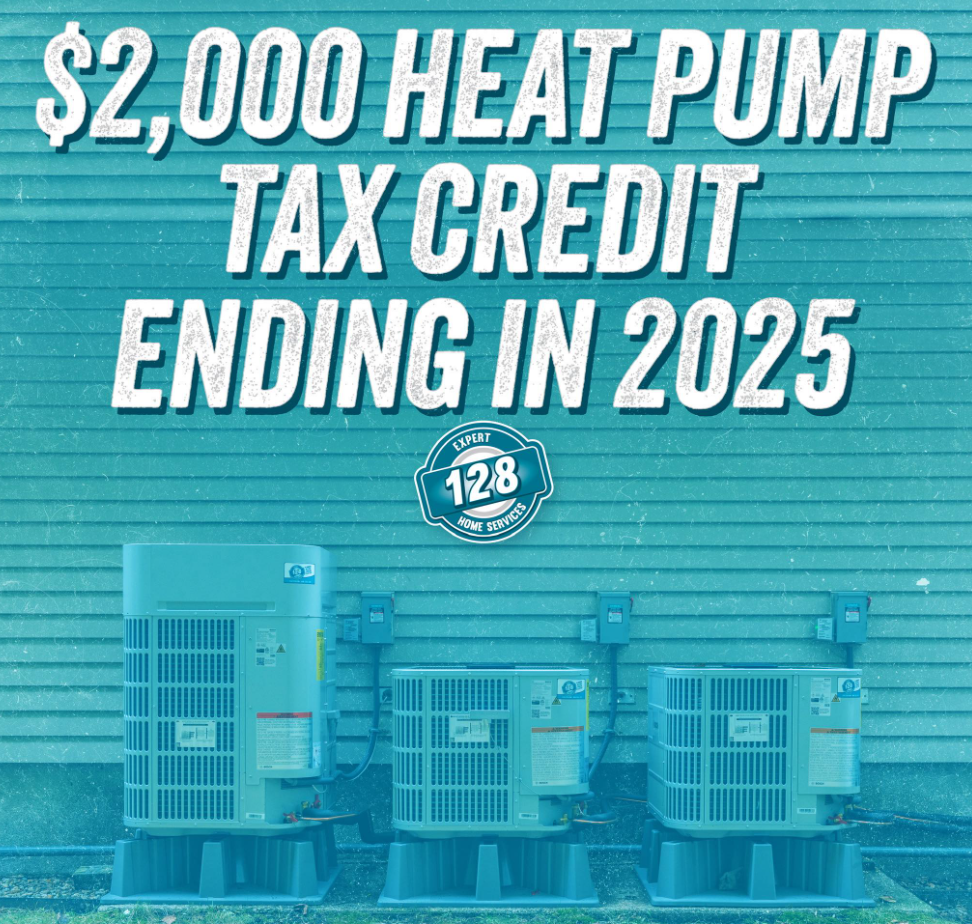 Three outdoor heat pump units stand in front of a building with text stating: "$2,000 heat pump tax credit ending in 2025.