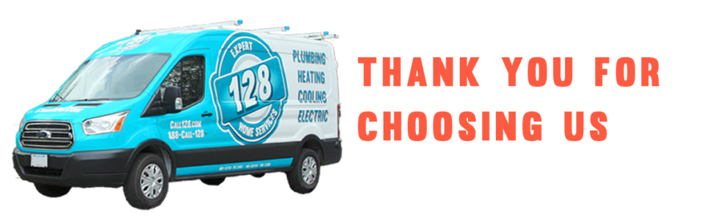 A blue and white service van with “128 Plumbing, Heating, Cooling, Electric” next to red text that reads “Thank you for choosing us” on a white background.