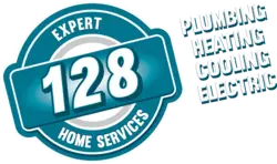 Logo for Expert 128 Home Services with text listing services: plumbing, heating, cooling, and electric.