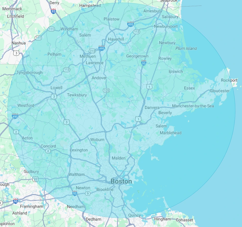 Map highlighting Boston, MA, and nearby areas like Salem, Lawrence, and Lowell. A large blue circle shows a radius extending into parts of New Hampshire and Massachusetts—a perfect guide for exploring the region or seeking services like 128 Plumbing.