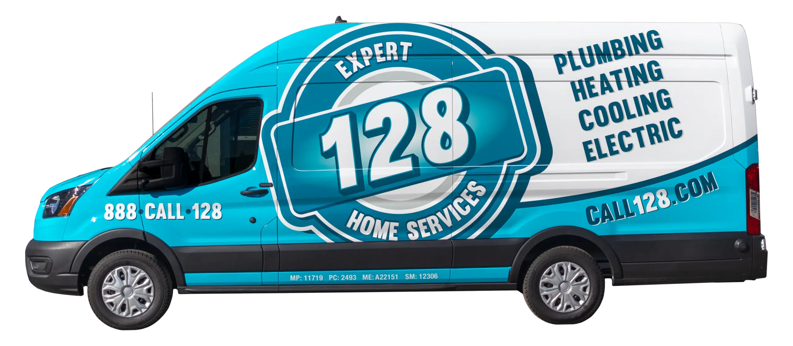 A blue and white van labeled "Expert 128 Home Services" with text for plumbing, heating, cooling, and electric. Contact number: 888 CALL 128, website: CALL128.com.